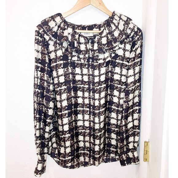 NWOT J. CREW 💯 Silk Twill Black & Ivory Plaid Ruffle Collar Blouse SZ: Medium - Picture 1 of 9